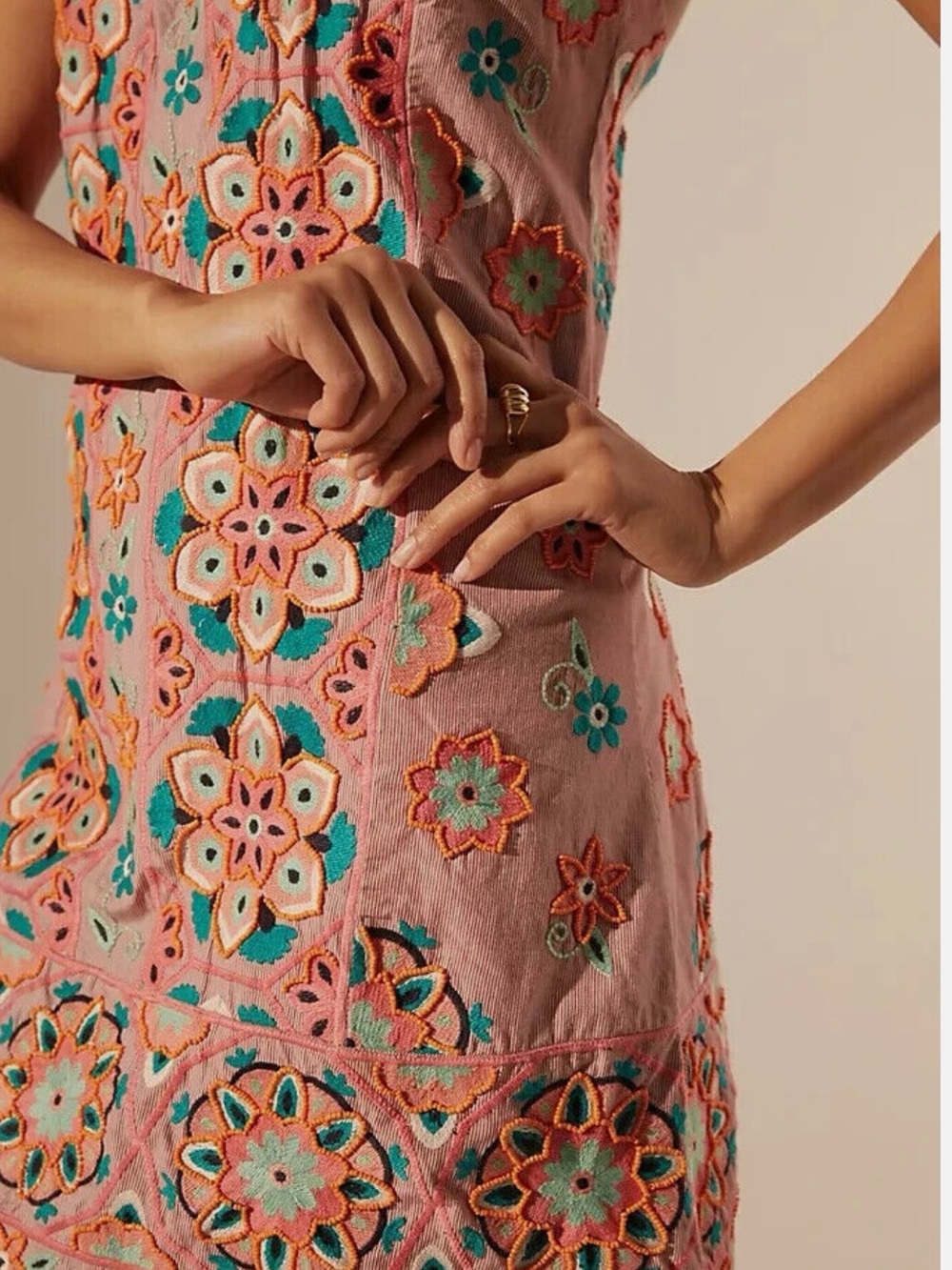 Anthropologie Pink Embroidered Open-Back Halter Dress with Teal Accents - Picture 3 of 8